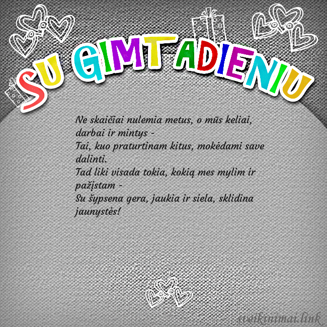 Gimtadienio atvirukas su spalvotu užrašu Su gimtadieniu