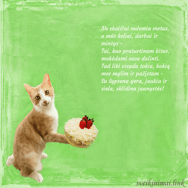 Gimtadienio atvirukas su katinu ir tortu