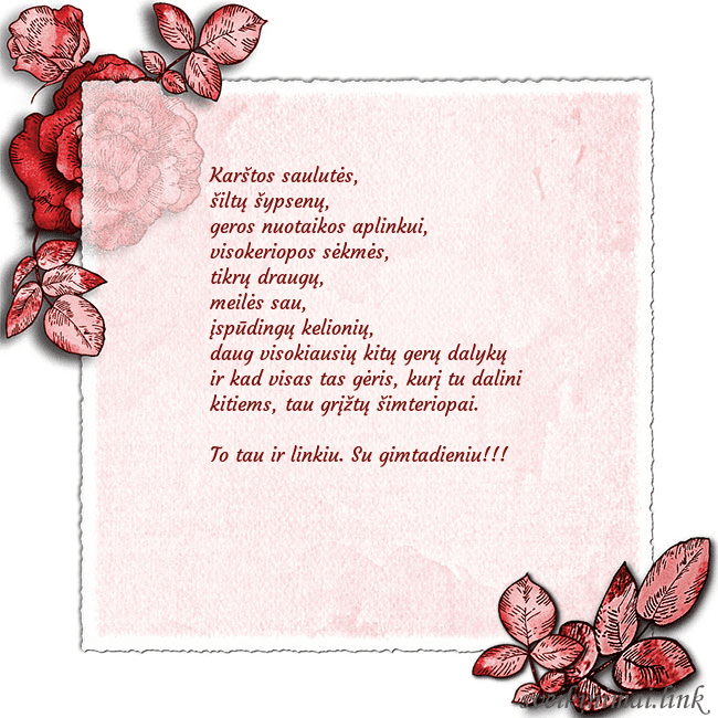 Gimtadienio atvirukas su rožėmis kampuose