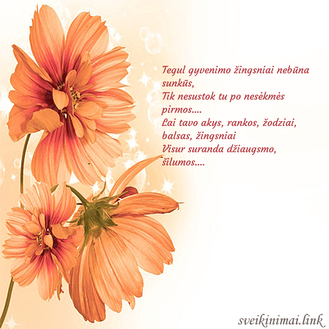 Atvirukas su oranžinėmis gėlėmis Tegul gyvenimo žingsniai nebūna sunkūs,
Tik nesu Atvirukas su oranžinėmis gėlėmis