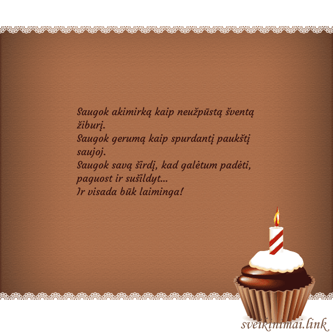 Gimtadienio atvirukas su keksiuku Saugok akimirką kaip neužpūstą šventą žiburį.
Sau Gimtadienio atvirukas su keksiuku