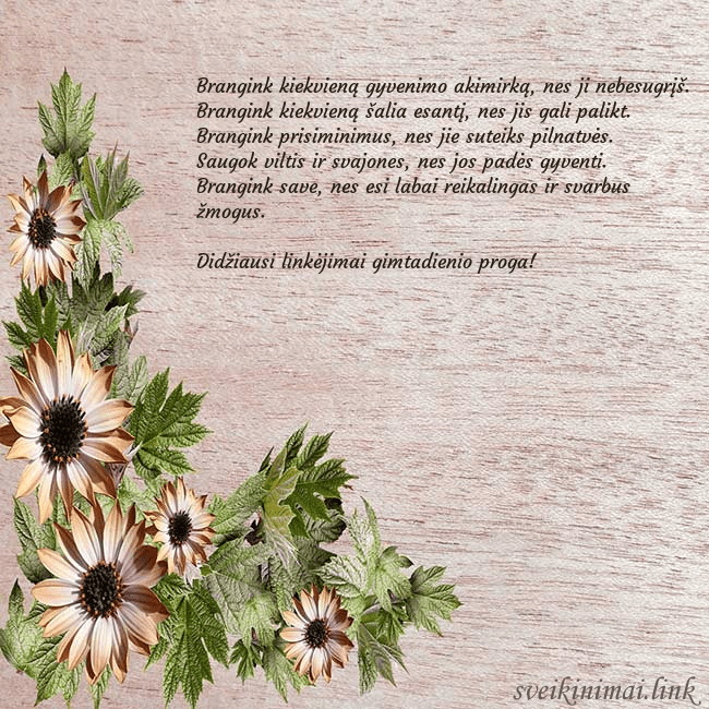 Gimtadienio atvirukas su rusvomis gėlėmis