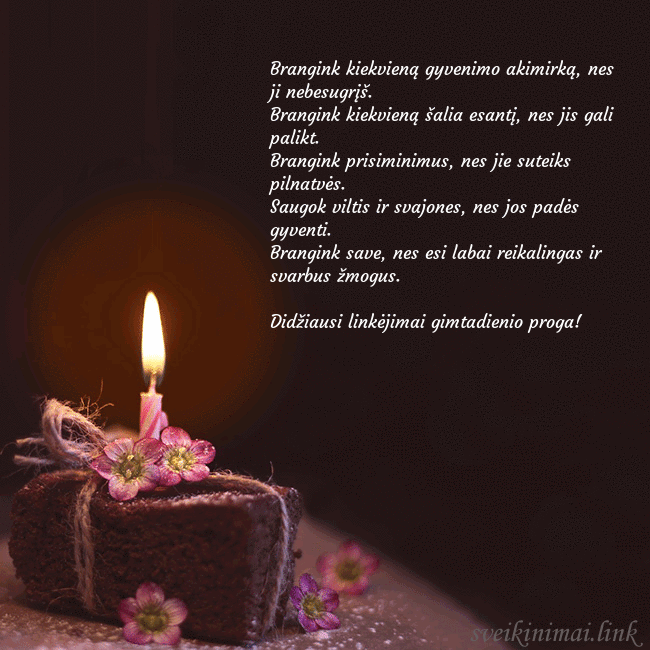 Animuotas gimtadienio atvirukas su tortu ir degančia žvakute