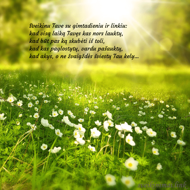 Elektroninė atvirutė su saulės spinduliuose skendinčia pieva Sveikinu Tave su gimtadieniu ir linkiu:
kad visą Elektroninė atvirutė su saulės spinduliuose skendinčia pieva