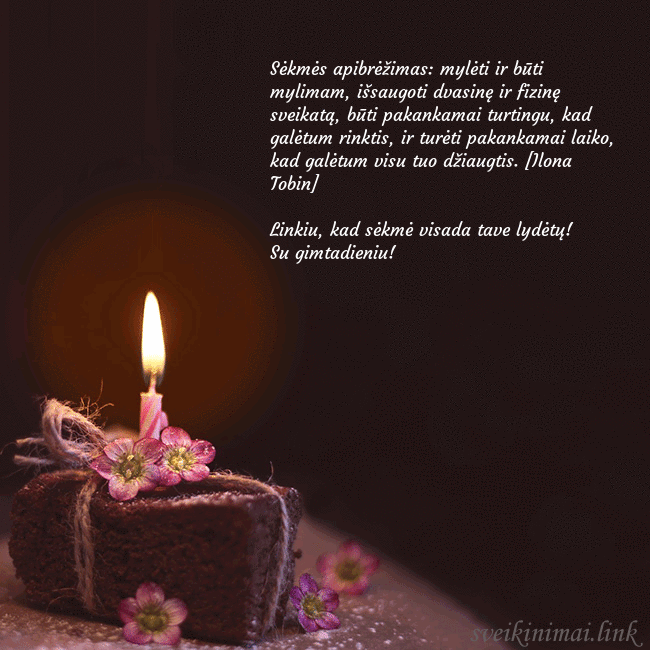 Animuotas gimtadienio atvirukas su tortu ir degančia žvakute