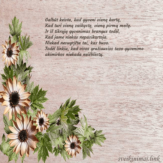 Gimtadienio atvirukas su rusvomis gėlėmis