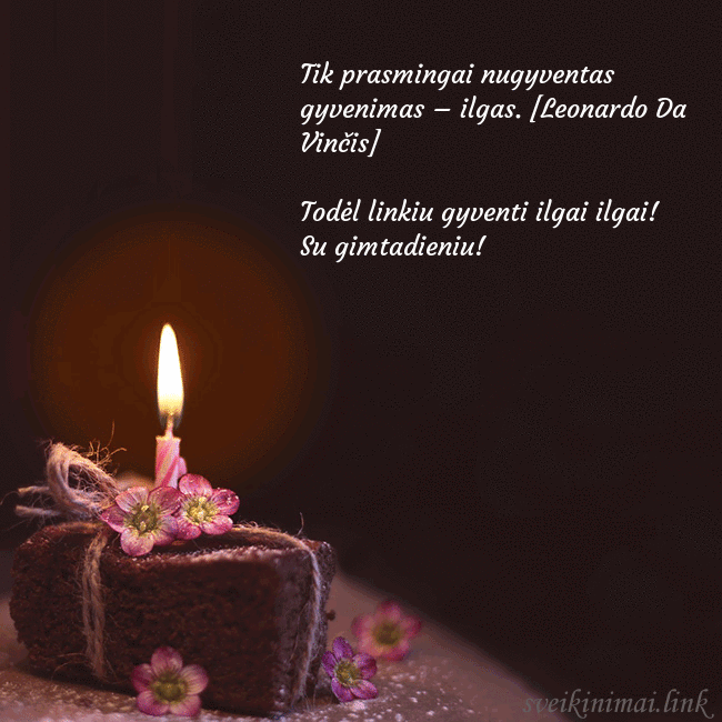 Animuotas gimtadienio atvirukas su tortu ir degančia žvakute