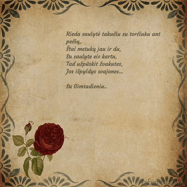Vintažinis atvirukas su rože Rieda saulytė takučiu su torčiuku ant pečių,
Štai  Vintažinis atvirukas su rože
