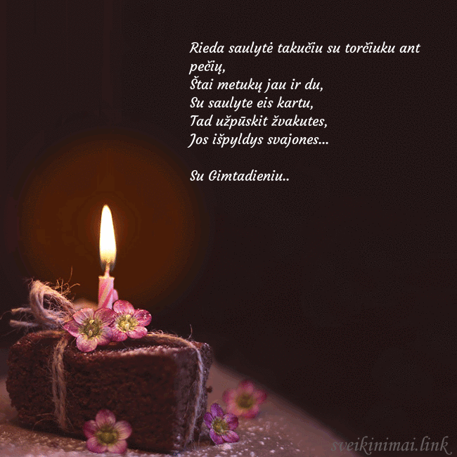 Animuotas gimtadienio atvirukas su tortu ir degančia žvakute