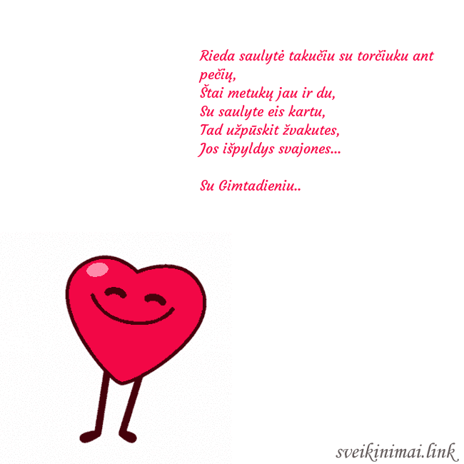 Atvirukas su šokančia širdele Rieda saulytė takučiu su torčiuku ant pečių,
Štai Atvirukas su šokančia širdele