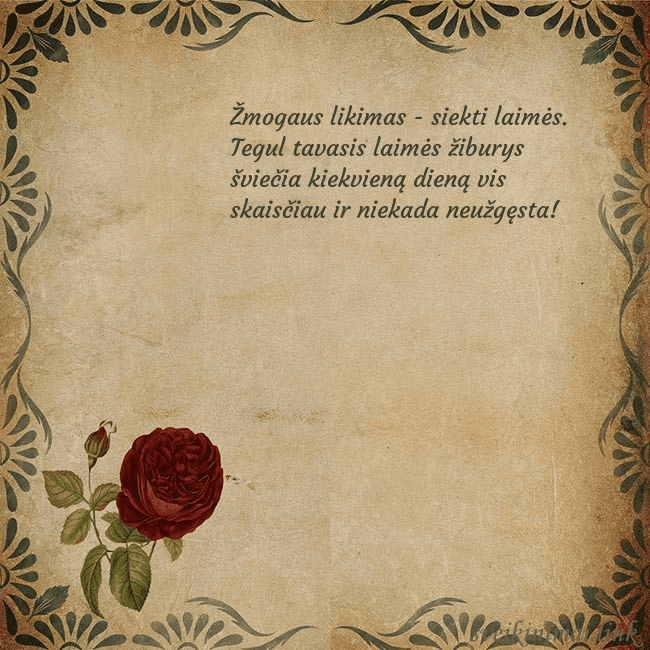 Vintažinis atvirukas su rože Žmogaus likimas - siekti laimės. Tegul tavasis lai Vintažinis atvirukas su rože