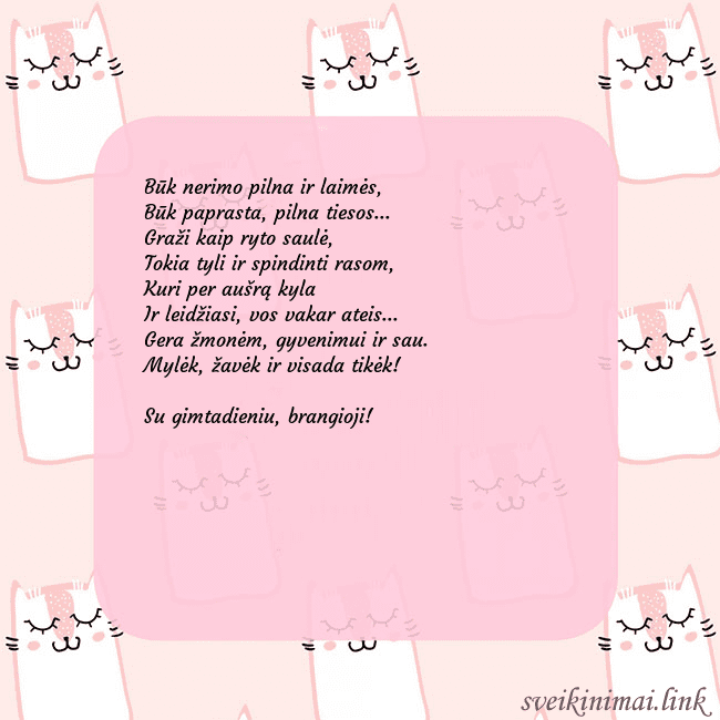 Rožinis gimtadienio atvirukas su juokingais katinais