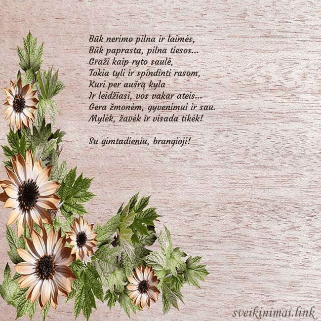 Gimtadienio atvirukas su rusvomis gėlėmis