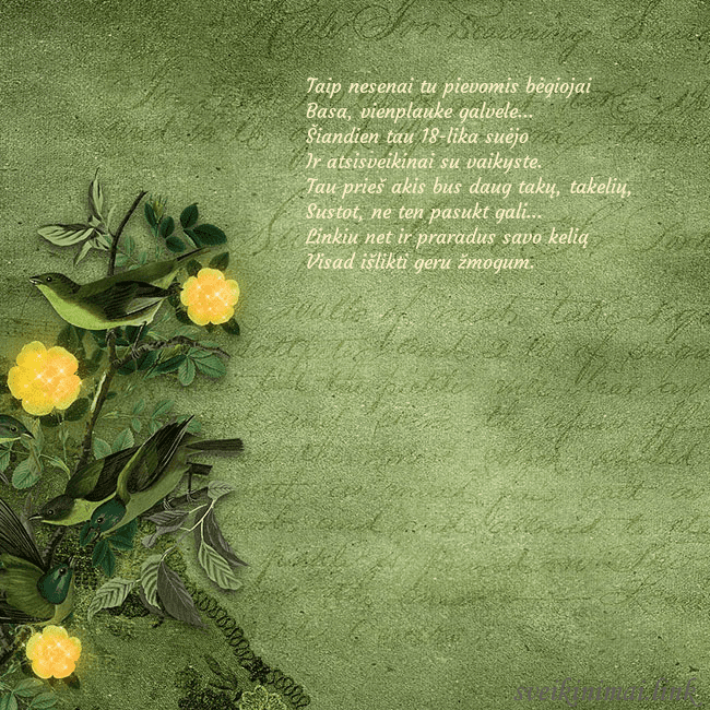 Žalias atvirukas su geltonomis gėlėmis