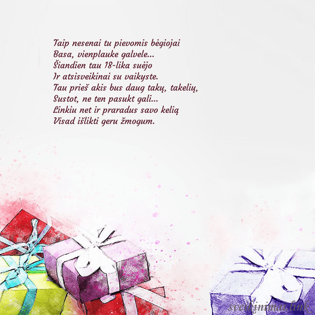 Atvirukas su akvarele pieštomis dovanomis Taip nesenai tu pievomis bėgiojai
Basa, vienplauk Atvirukas su akvarele pieštomis dovanomis