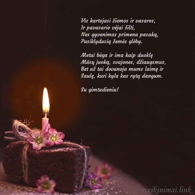 Animuotas gimtadienio atvirukas su tortu ir degančia žvakute