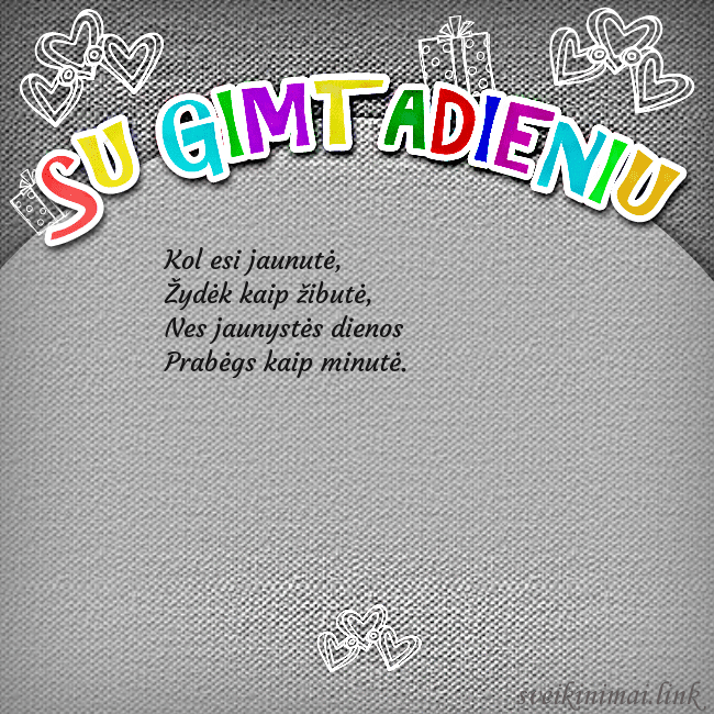 Gimtadienio atvirukas su spalvotu užrašu Su gimtadieniu