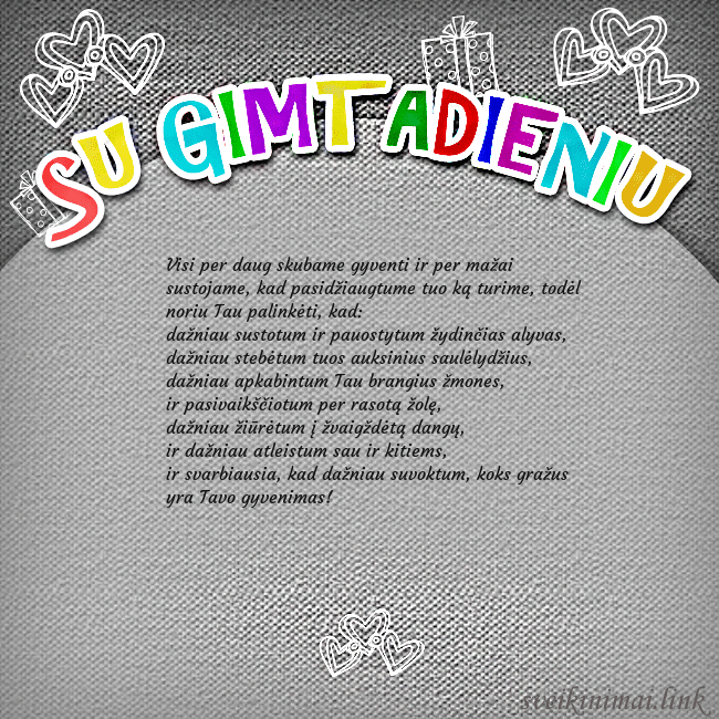 Gimtadienio atvirukas su spalvotu užrašu Su gimtadieniu