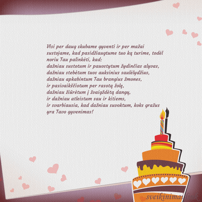 Gimtadienio atvirukas su tortu ir viena žvakute