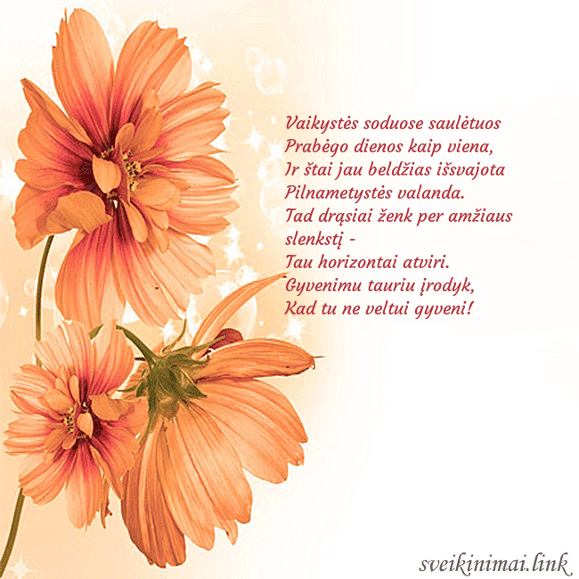 Atvirukas su oranžinėmis gėlėmis Vaikystės soduose saulėtuos 
Prabėgo dienos kaip  Atvirukas su oranžinėmis gėlėmis