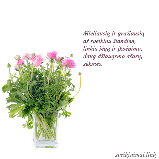 Atvirukas su gėlėmis vazoje Mieliausią ir gražiausią aš sveikinu šiandien, lin Atvirukas su gėlėmis vazoje