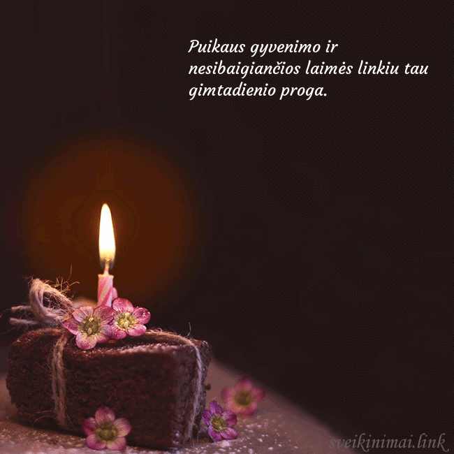 Animuotas gimtadienio atvirukas su tortu ir degančia žvakute