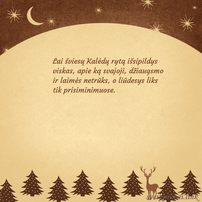 Rudas kalėdinis atvirukas su eglutėmis ir mėnuliu