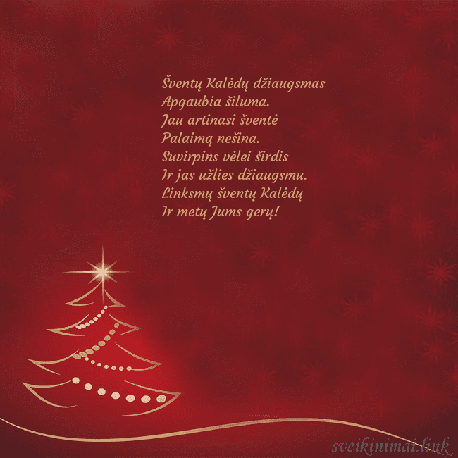 Raudonas kalėdinis atvirukas su auksine eglute Šventų Kalėdų džiaugsmas
Apgaubia šiluma.
Jau ar Raudonas kalėdinis atvirukas su auksine eglute