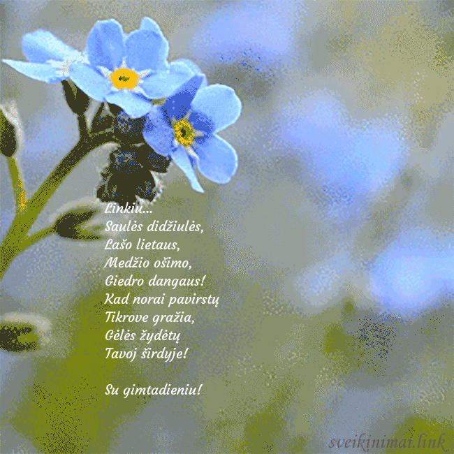 Elektroninis animuotas atvirukas su neužmirštuolėmis Linkiu...
Saulės didžiulės,
Lašo lietaus,
Medži Elektroninis animuotas atvirukas su neužmirštuolėmis