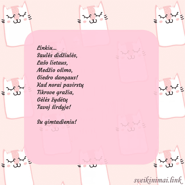 Rožinis gimtadienio atvirukas su juokingais katinais