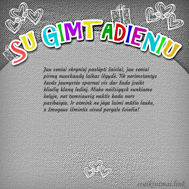 Gimtadienio atvirukas su spalvotu užrašu Su gimtadieniu