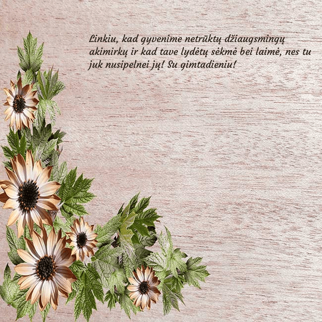 Gimtadienio atvirukas su rusvomis gėlėmis