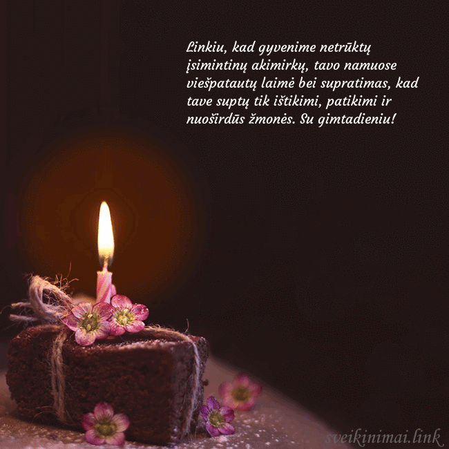 Animuotas gimtadienio atvirukas su tortu ir degančia žvakute