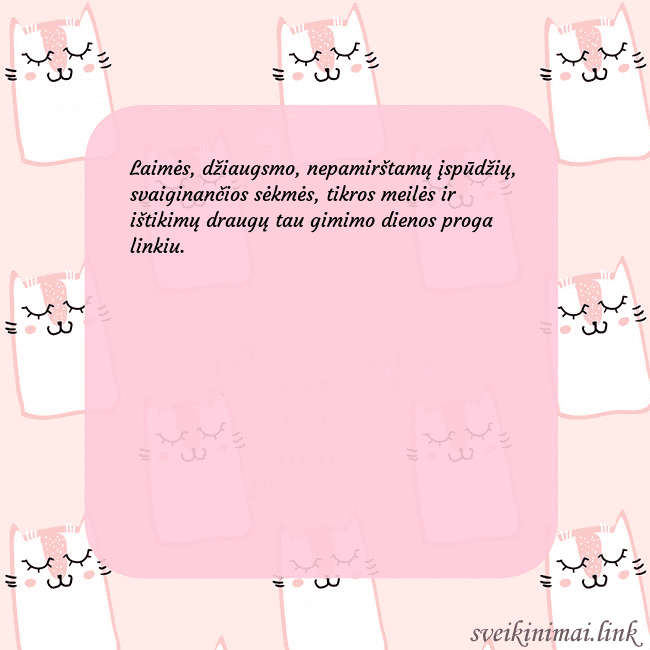 Rožinis gimtadienio atvirukas su juokingais katinais Laimės, džiaugsmo, nepamirštamų įspūdžių, svaigina Rožinis gimtadienio atvirukas su juokingais katinais