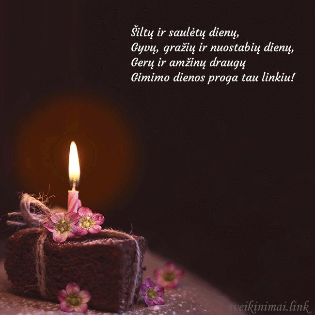 Animuotas gimtadienio atvirukas su tortu ir degančia žvakute