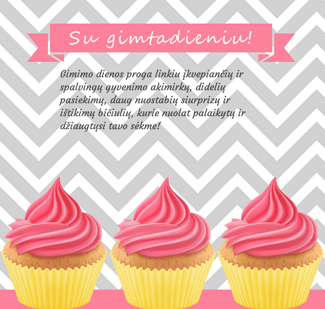 Gimtadienio atvirukas su trim keksiukais Gimimo dienos proga linkiu įkvepiančių ir spalving Gimtadienio atvirukas su trim keksiukais