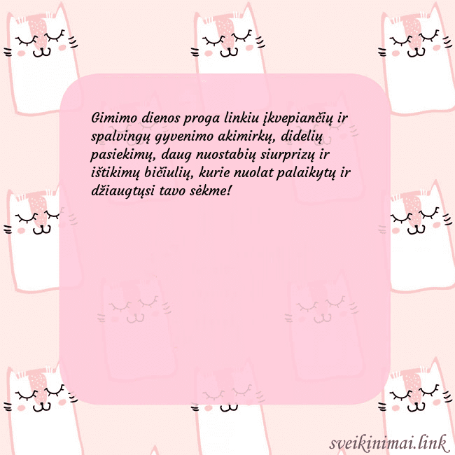 Rožinis gimtadienio atvirukas su juokingais katinais