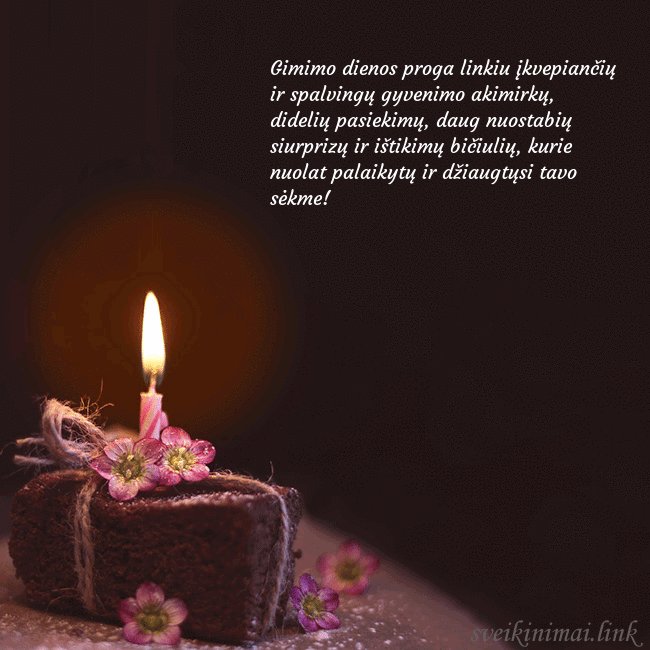 Animuotas gimtadienio atvirukas su tortu ir degančia žvakute
