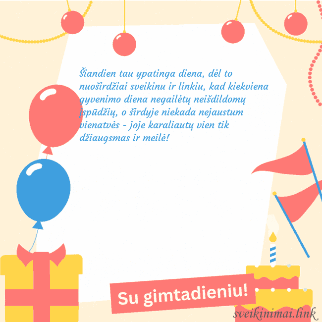 Animuotas gimtadienio atvirukas su tortu Šiandien tau ypatinga diena, dėl to nuoširdžiai sv Animuotas gimtadienio atvirukas su tortu