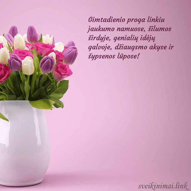 Gimtadienio atvirukas tulpėmis vazoje Gimtadienio proga linkiu jaukumo namuose, šilumos Gimtadienio atvirukas tulpėmis vazoje
