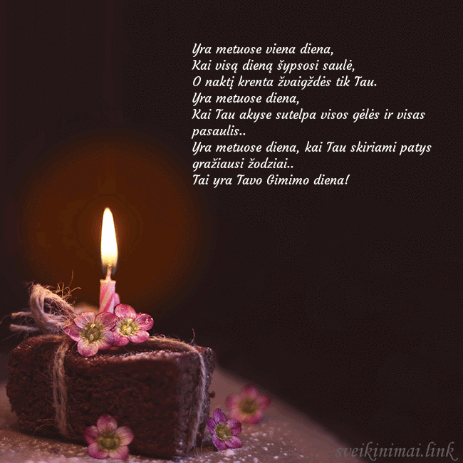 Animuotas gimtadienio atvirukas su tortu ir degančia žvakute