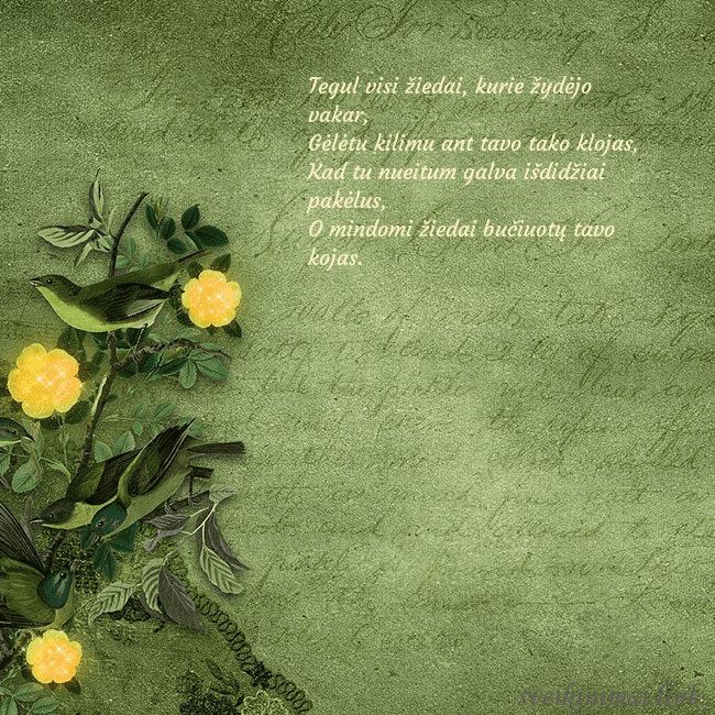 Žalias atvirukas su geltonomis gėlėmis Tegul visi žiedai, kurie žydėjo vakar,
Gėlėtu kili Žalias atvirukas su geltonomis gėlėmis