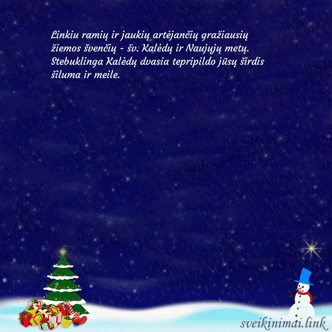 Atvirukas su sniego seniu, eglute ir dovanomis