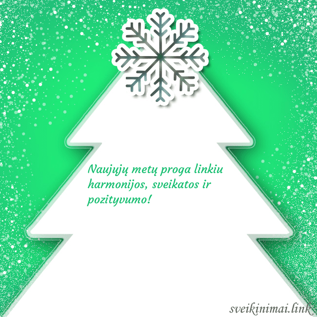 Naujametinis atvirukas su balta eglute žaliame fone