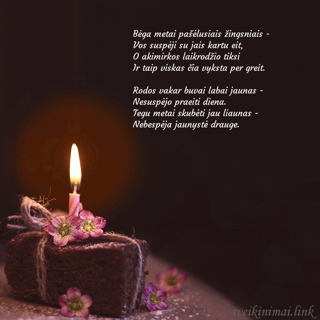 Animuotas gimtadienio atvirukas su tortu ir degančia žvakute