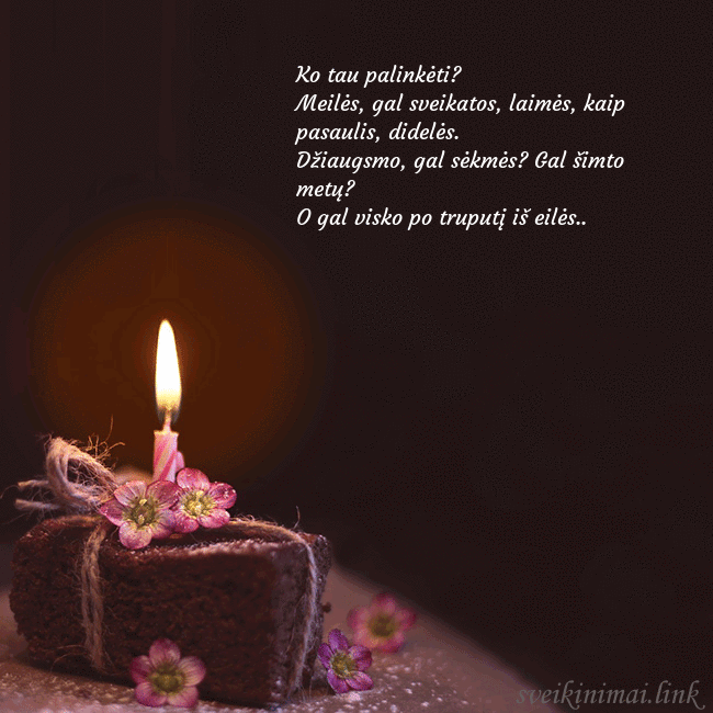 Animuotas gimtadienio atvirukas su tortu ir degančia žvakute