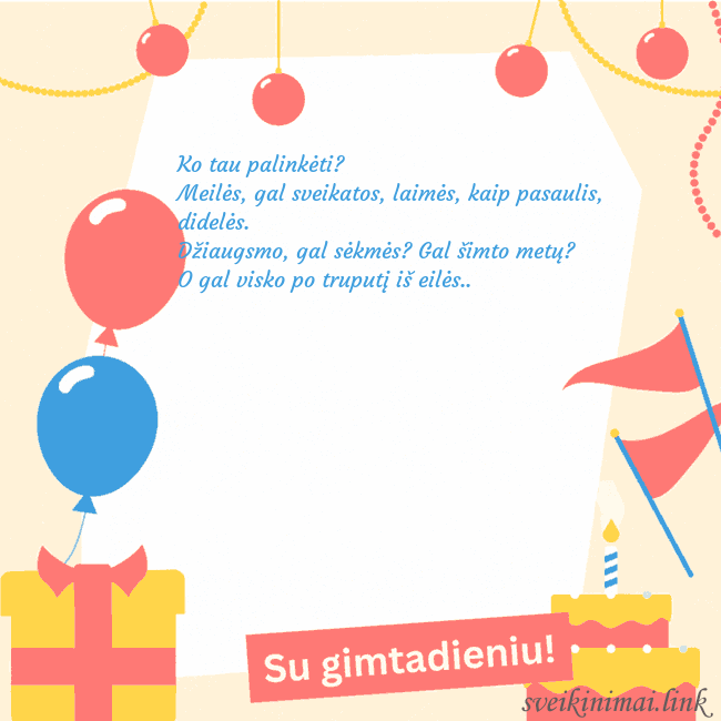 Animuotas gimtadienio atvirukas su tortu Ko tau palinkėti?
Meilės, gal sveikatos, laimės, k Animuotas gimtadienio atvirukas su tortu