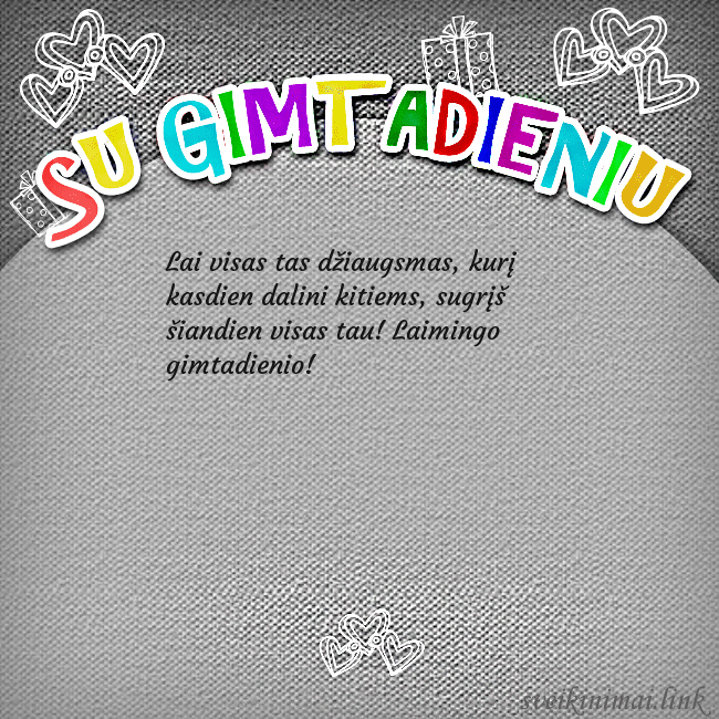 Gimtadienio atvirukas su spalvotu užrašu Su gimtadieniu