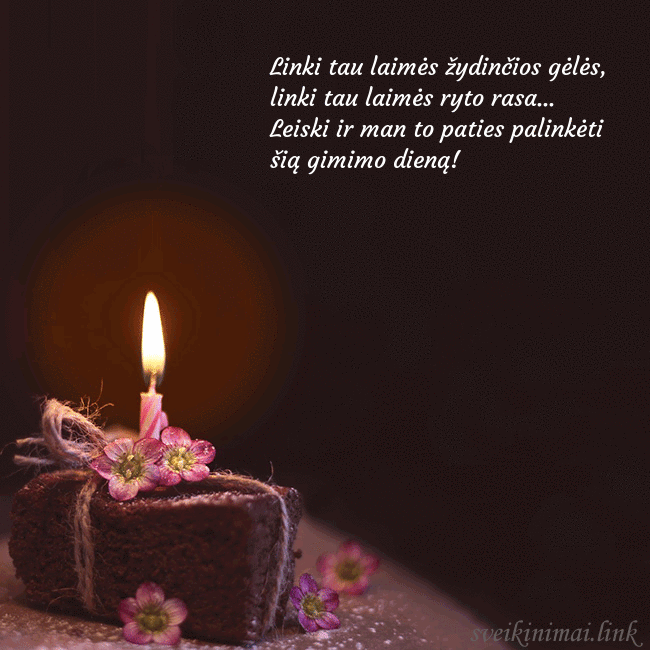 Animuotas gimtadienio atvirukas su tortu ir degančia žvakute Linki tau laimės žydinčios gėlės, linki tau laimės Animuotas gimtadienio atvirukas su tortu ir degančia žvakute
