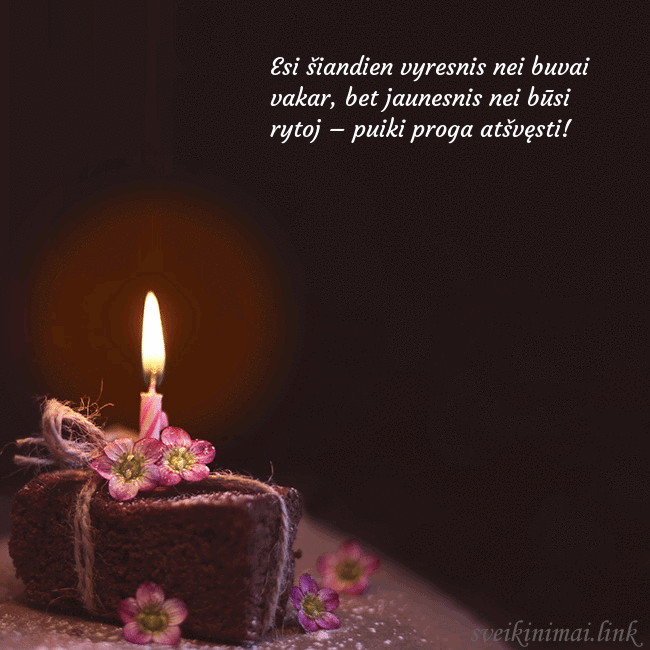 Animuotas gimtadienio atvirukas su tortu ir degančia žvakute